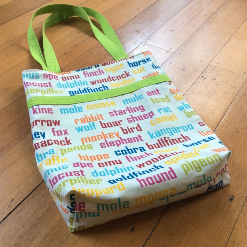 Animal Word Print and Lime Green GirlsBoys Tote Toy Bag Beach 38cm x42cm