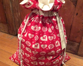 Red Hearts and Calico Quality Christmas Santa Sack, Hand Made, Large 54cm x 74cm, Fully Lined