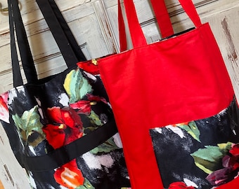 Tote Bag, Shopping, Beach Bag, Fully Reversible & Sturdy, Red and Black Floral, Quality Handmade in Australia, 40cm x38cm