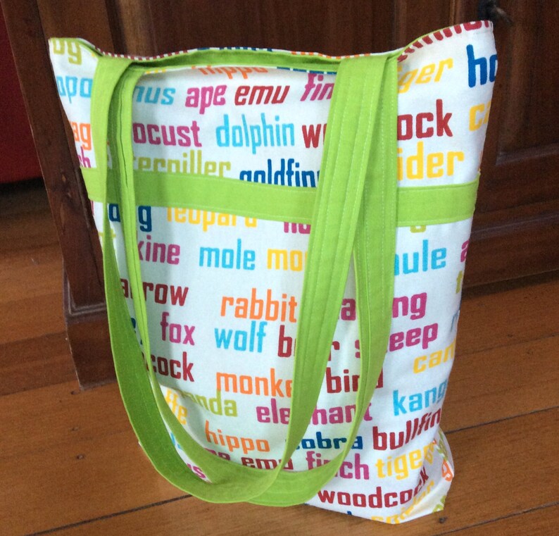 Animal Word Print and Lime Green GirlsBoys Tote Toy Bag Beach 38cm x42cm