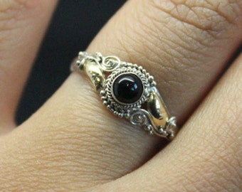 Vintage Black Onyx 14k Gold Plated Silver Ring | Stacking Black Onyx Ring | Sterling Silver 925 Ring | 14k Yellow Gold Plated Ring