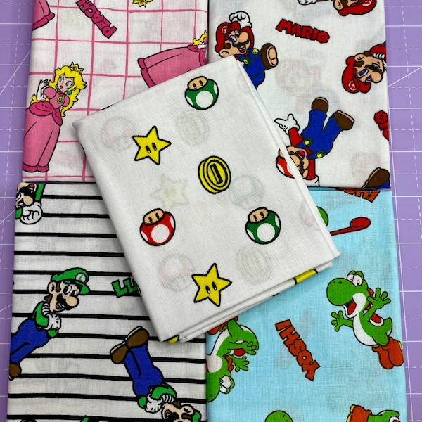 5 pc Mario Brothers Nintendo by Camelot Fabrics: fabric bundle-FQ fabric-approx 18”x21”