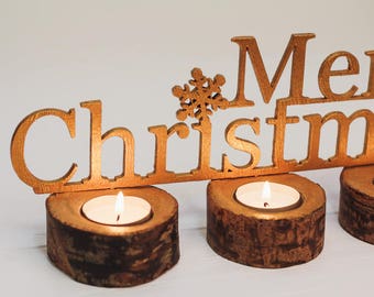 Rustic christmas table decorations Merry Christmas wood candle holder Personalized Custom wood candles Xmas gold gift Wooden tealight holder