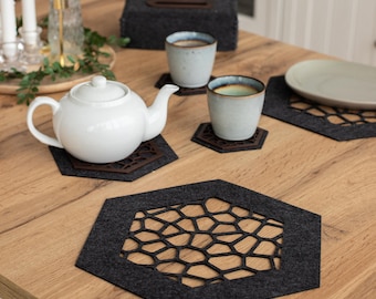 Felt Placemats and Coasters Set - Table Mats with Wooden Inlay - Heat Resistant Table Protector  - Patio table decor Trivets for Hot dishes