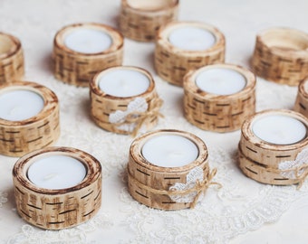 15 set Rustic candle holders Rustic wedding decor Woodland table decor Wood tealight holders Eco wood home decor Lace hearts table decor
