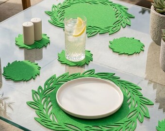 Green Felt Place Mats and Coasters Set, Leaf Frame Round Table Mat, Nature Inspired Table Decor