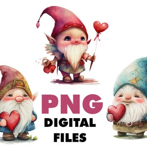 Valentine gnome PNG Gnome with heart watercolor bundle pack of 3 Printable Valentine's card DIY Digital png sublimation Gnome Valentine Card image 1