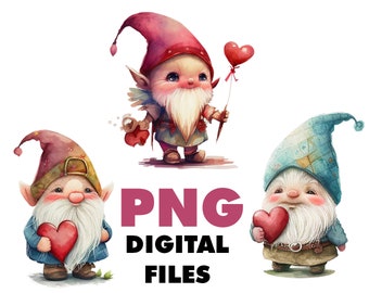 Valentine gnome PNG Gnome with heart watercolor bundle pack of 3 Printable Valentine's card DIY Digital png sublimation Gnome Valentine Card