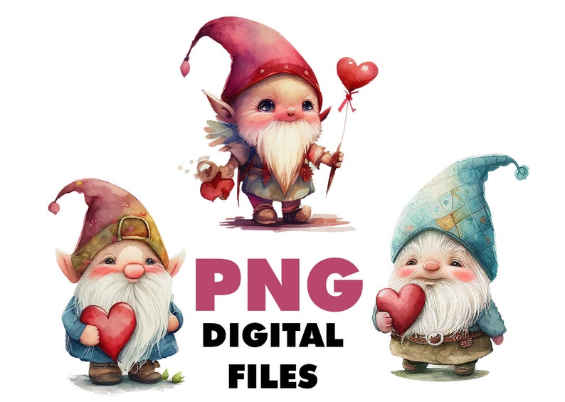 Valentine gnome PNG Gnome with heart watercolor bundle pack of 3 Printable Valentine's card DIY Digital png sublimation Gnome Valentine Card image 1