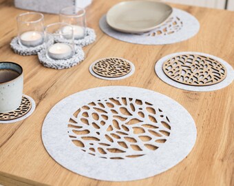 Round Felt Placemats Set with Laser Cut Wood Coaster - Boho Patio Table Decor - new home gift - Minimalist Home Decor Gift