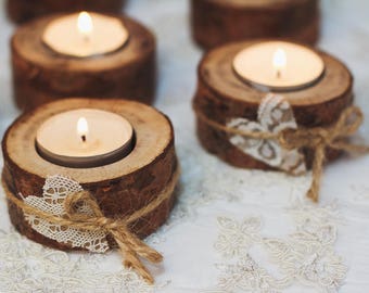 15 set Wood tealight holders Rustic wedding decor Woodland candle holders Lace hearts candle holders Wedding table decorations natural wood