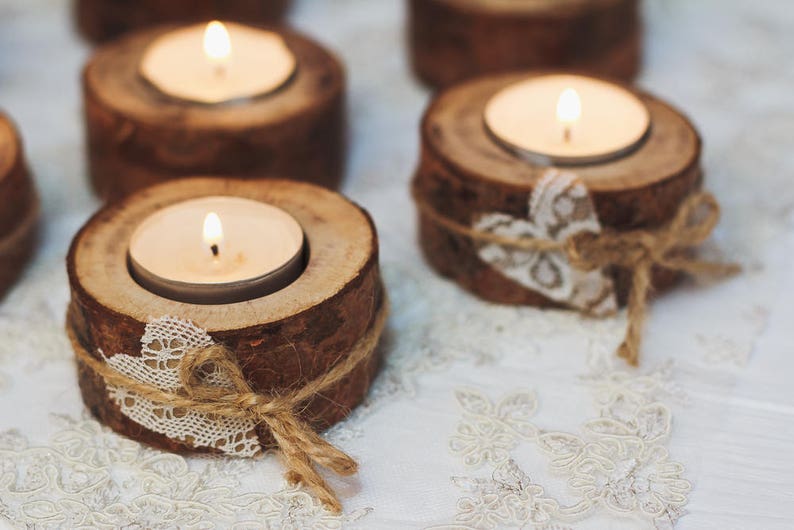 50 set Rustic candle holders Valentine table decor Wood tealight holders Woodland Rustic wedding decor Eco wood home decor Lace table decor image 1