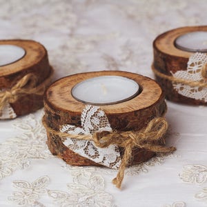 50 set Rustieke kandelaars Valentijnstafel decor Houten theelichthouders Woodland Rustiek bruiloft decor Eco houten home decor Kant tafel decor afbeelding 2