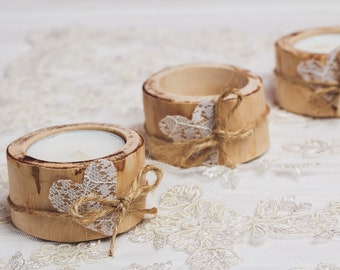 10 set Rustic candle holders Wedding table decor Wood tealight holders Woodland Rustic wedding decor Eco Birch home decor Lace table decor