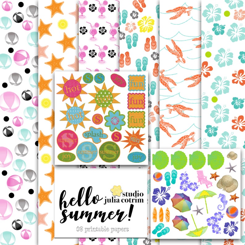 Hello Summer Printable Paper Pack Scrapbook Paper image 0