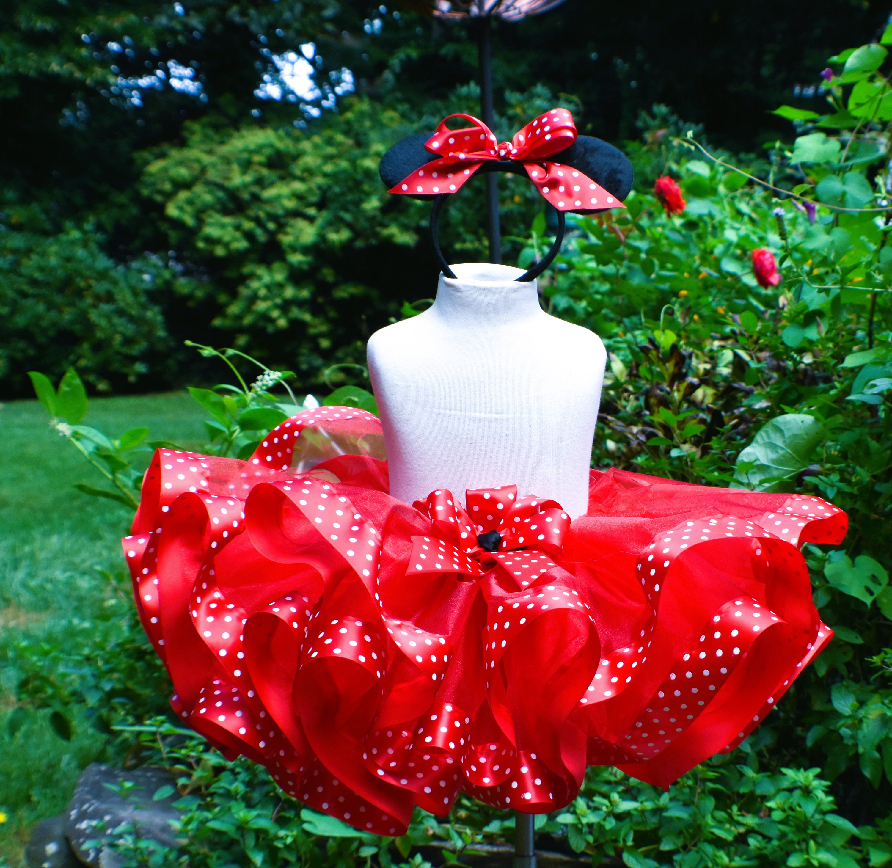 Jupe Tutu Minnie Mouse - Tulle Rouge à Pois Blancs, Longueur 45 Cm - Taille Ajustable 34-42