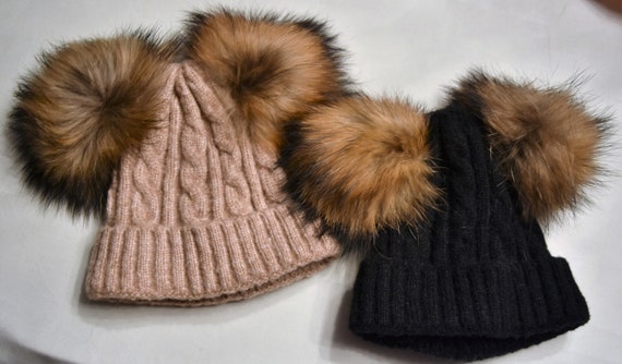 Double Fur Pom Pom Hat, Baby Toddler Real Fur Pom Pom Hats  display picture 1