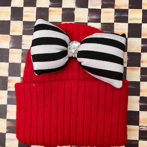 Puffy Bow knit Hat, Stripe Puff Bow Hat, Black and White Stripe bow hat, Designer Inspired bow hat