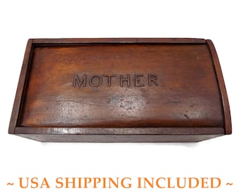Antique Walnut Candle Box, Lid Carved With "Mother," Dovetailed and Chamfered, Hand Made in the 1800s