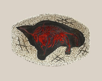 Vintage FAT LAVA POTTERY Bowl Mid Century Modern with Red Bull Motif