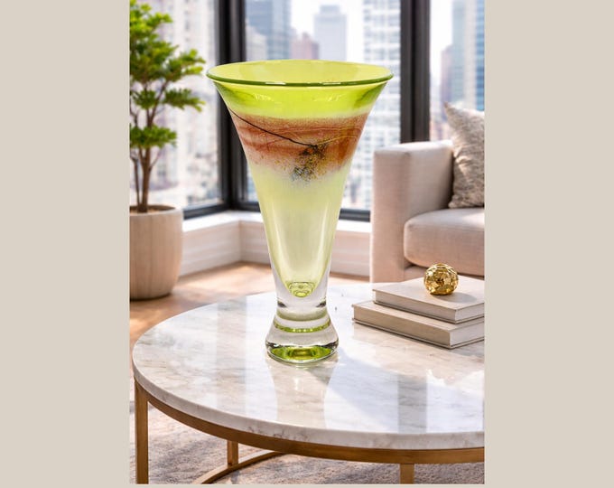 EARL O. JAMES Chartreuse Art Glass Vase Hand Blown Signed 12 Inches Tall