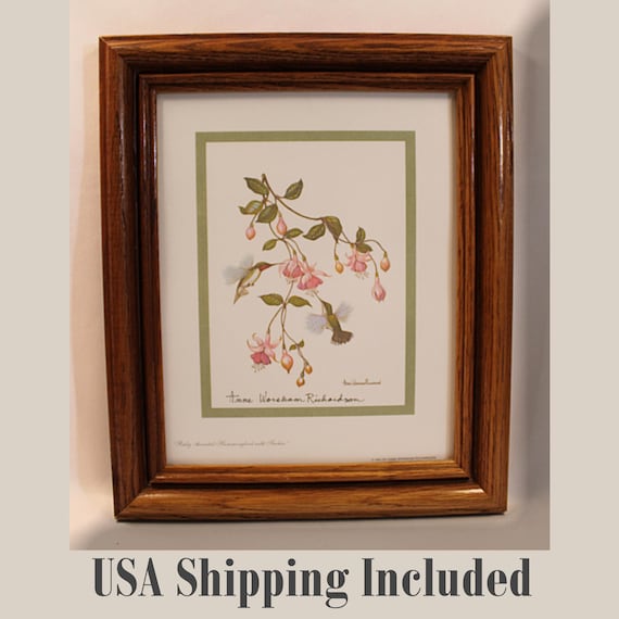 Hummingbirds Lithograph Framed with Handwritten Dedication Vintage ANNE WORSHAM RICHARDSON