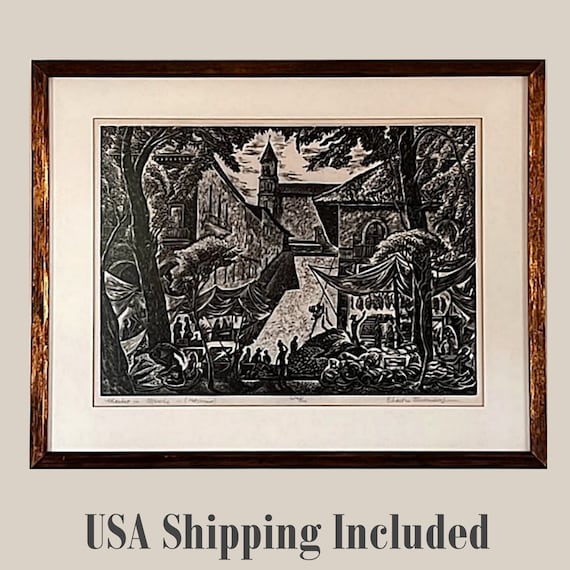 Vintage CHARLES SURENDORF Linocut Large Framed First Edition of Market in Patzcuaro, Mexico