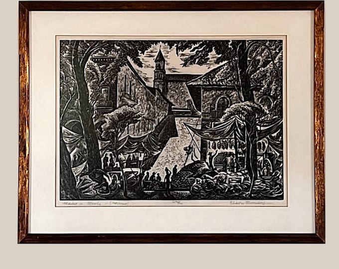 Vintage CHARLES SURENDORF Linocut Large Framed First Edition of Market in Patzcuaro, Mexico