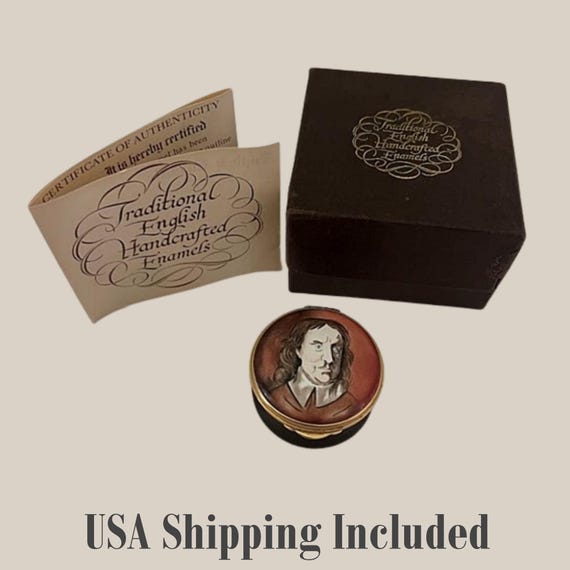 Vintage ENGLISH ENAMELED BOX by Toye, Kenning and Spencer Original Cardboard Box and Leaflet Features Oliver Cromwell