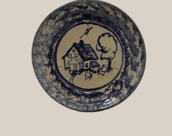 Vintage Folk Art Stoneware Dish by CAROL BERHORST POTTERY Michigan 1991 Signed and Dated