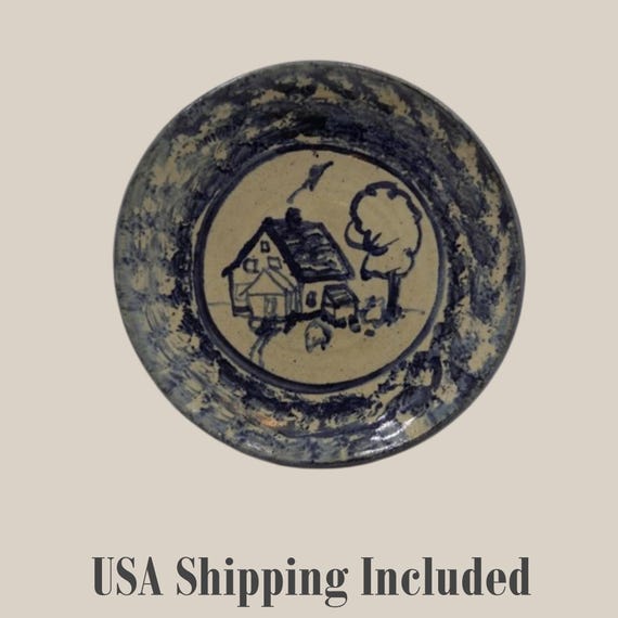 Vintage Folk Art Stoneware Dish by CAROL BERHORST POTTERY Michigan 1991 Signed and Dated