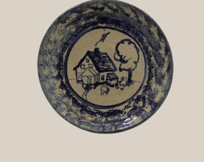 Vintage Folk Art Stoneware Dish by CAROL BERHORST POTTERY Michigan 1991 Signed and Dated