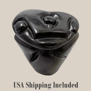 Vintage SHONA OWL SCULPTURE Zimbabwe Africa Hand Carved of Black Serpentine Stone Signed by Taurai Nyawude
