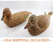 Vintage Pair Gadwall Decoys Hen and Drake Dated 1981 Hand Carved and Painted Wooden Ducks
