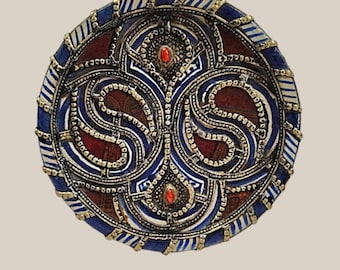Moroccan Pottery Dish with Cabochons and Overlay of Silver Filigree
