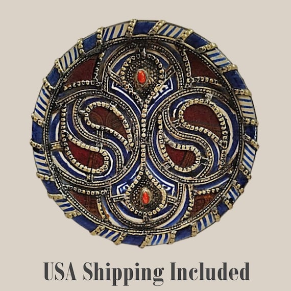 Moroccan Pottery Dish with Cabochons and Overlay of Silver Filigree