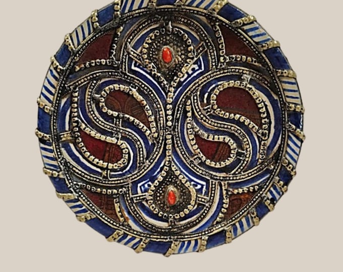 Moroccan Pottery Dish with Cabochons and Overlay of Silver Filigree