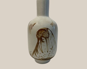 Vintage Pottery Vase Hand Painted Walrus Alaska Art