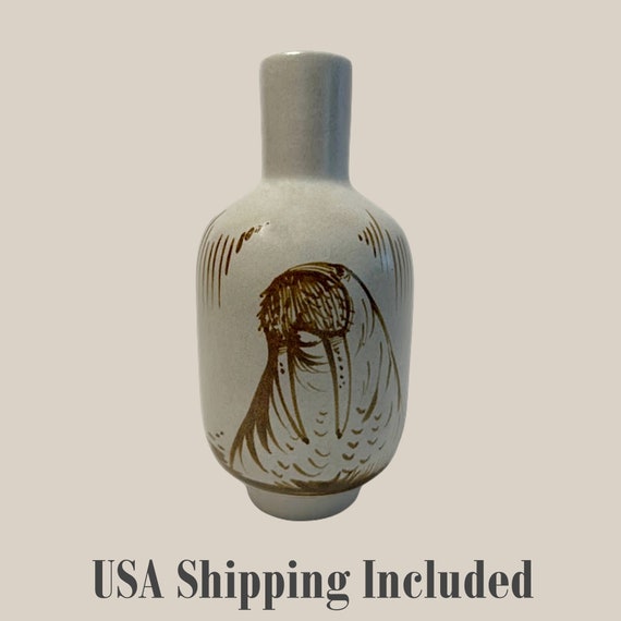 Vintage Pottery Vase Hand Painted Walrus Alaska Art
