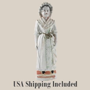 ANTIQUE BISQUE FIGURINE of Martha Washington 8.5 Inches Tall Hollow Mold Flat-Back Hand Painted