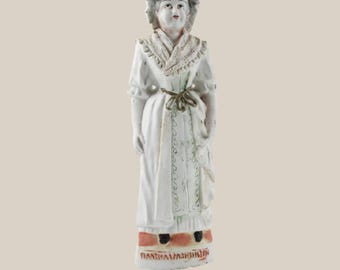 ANTIQUE BISQUE FIGURINE of Martha Washington 8.5 Inches Tall Hollow Mold Flat-Back Hand Painted
