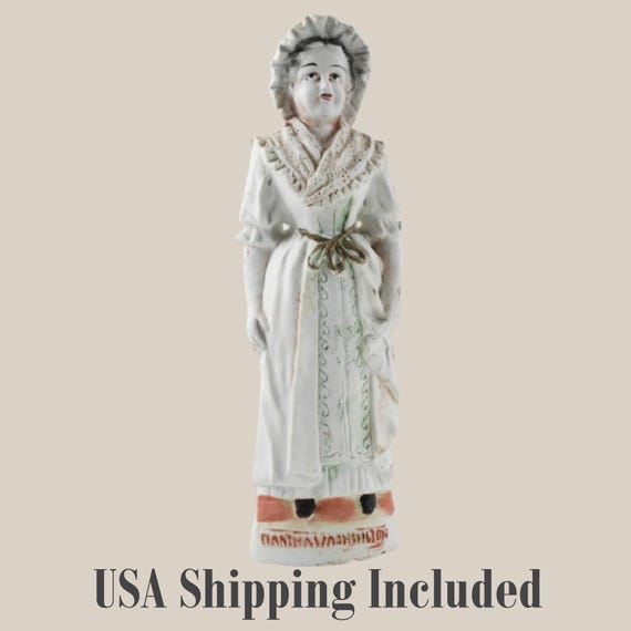 ANTIQUE BISQUE FIGURINE of Martha Washington 8.5 Inches Tall Hollow Mold Flat-Back Hand Painted