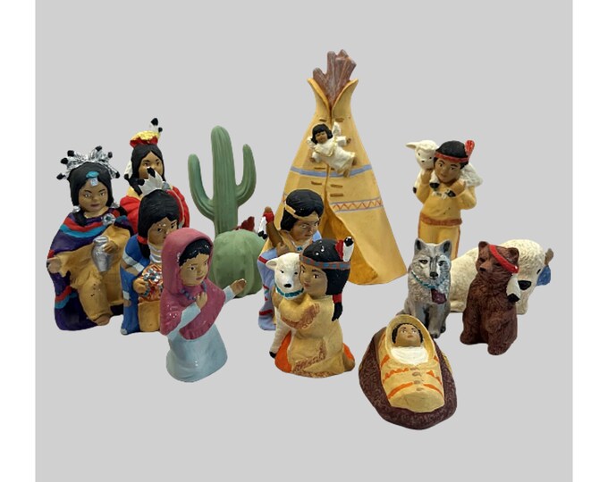 Vintage Nativity Set 14 Native American Figures Hand Painted Bisque ...