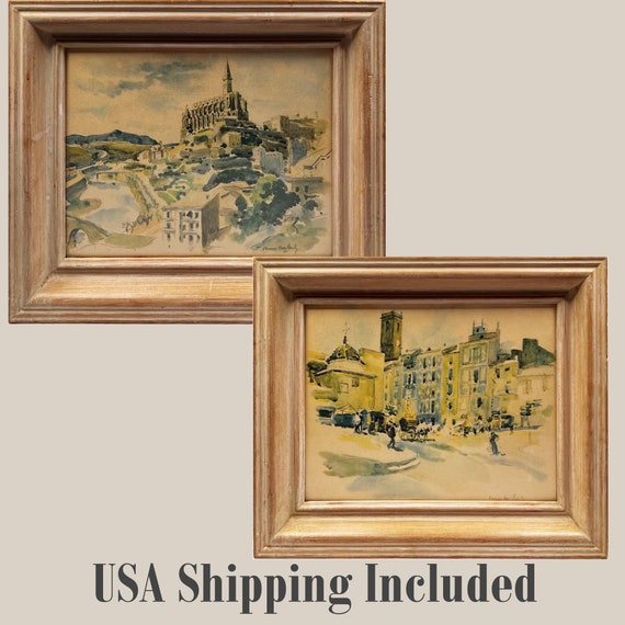 Framed Watercolors of a European City Scenes