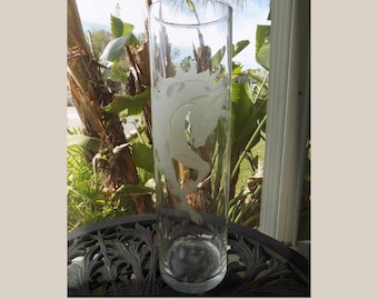 Art Glass Tall Vase with Etched Unicorn Perry Coyle