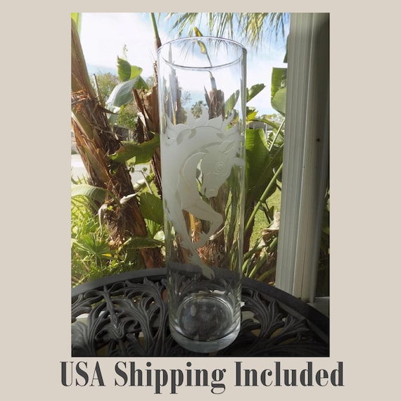 Art Glass Tall Vase with Etched Unicorn Perry Coyle