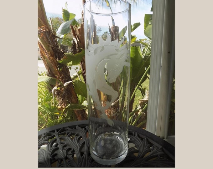 Art Glass Tall Vase with Etched Unicorn Perry Coyle