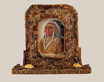 Antique FOLK ART Tabletop Picture Frame Large Rustic Handmade with Petrified Wood, Pebbles, Seashells