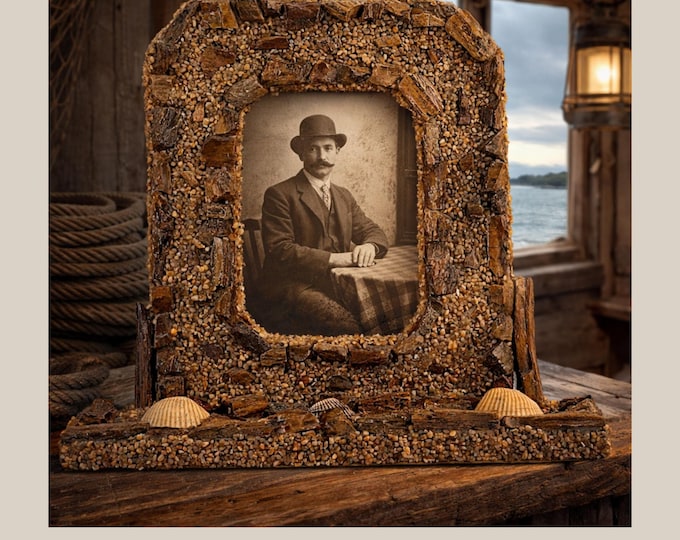 Antique Folk Art Picture Frame Petrified Wood, Pebbles & Shells