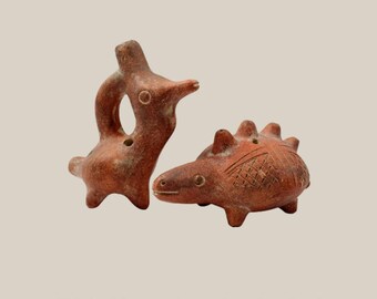 Vintage CLAY OCARINAS Pre-Columbian Style Pair Bird and Armadillo